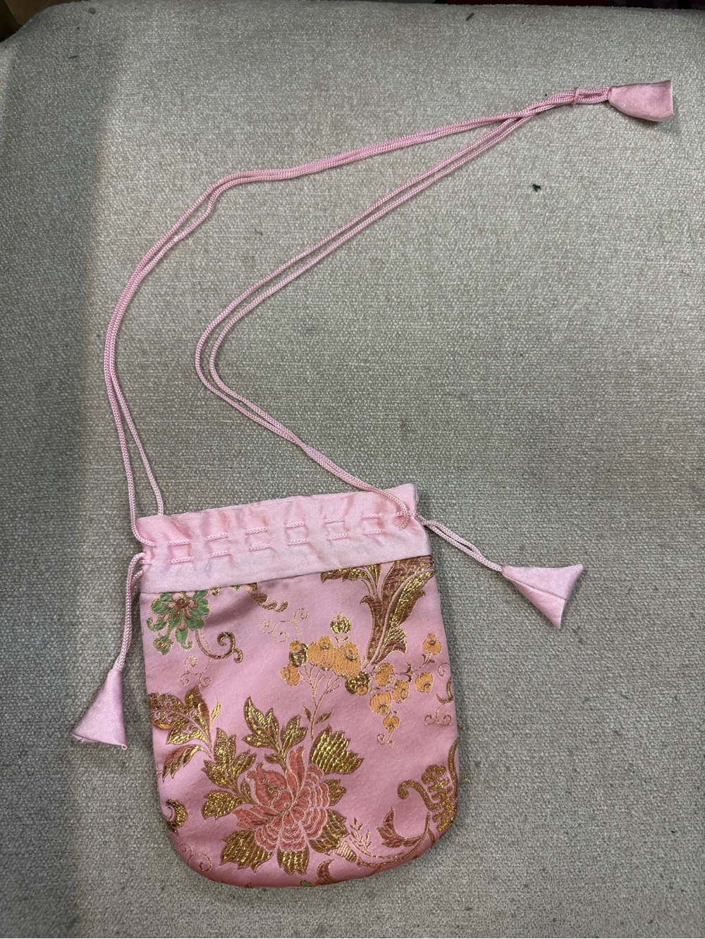 Pink Floral Drawstring Potli Crossbody Bag with Brocade Pattern